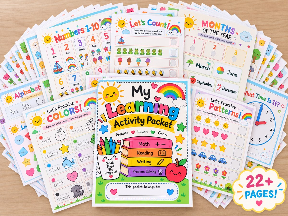 The digital download: 22 plus printable activity pages fanned out around the cover