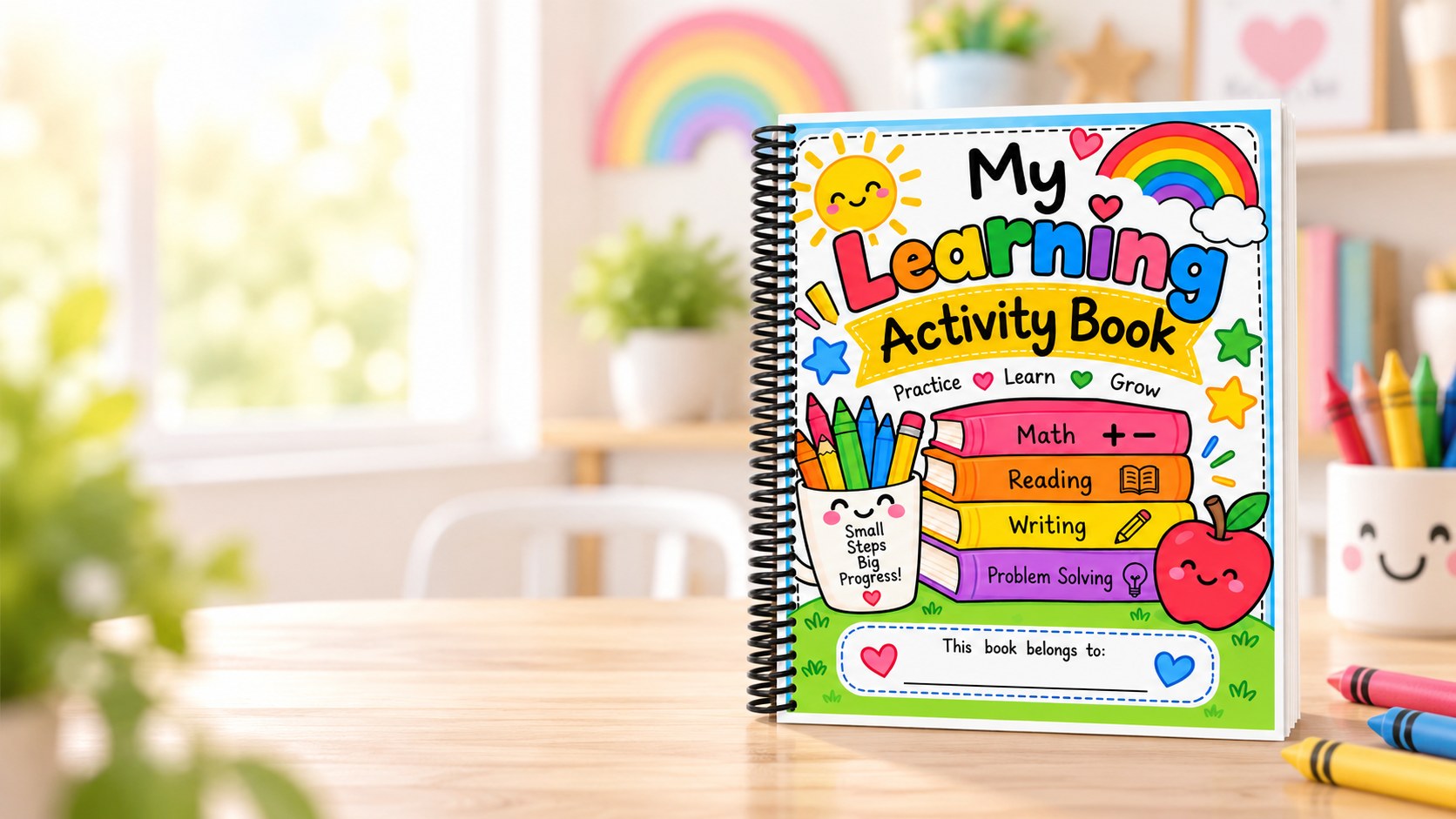 My Learning Activity Book, a spiral-bound workbook on a wooden table